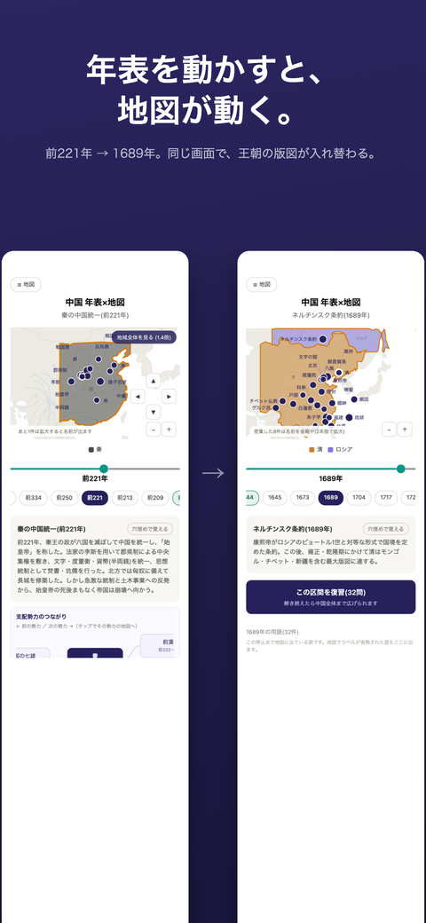 年表スライダーを動かすと歴史地図が切り替わる画面