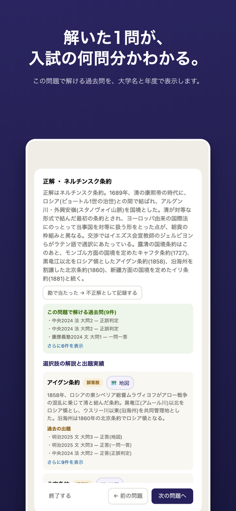 この問題で解ける過去問の画面